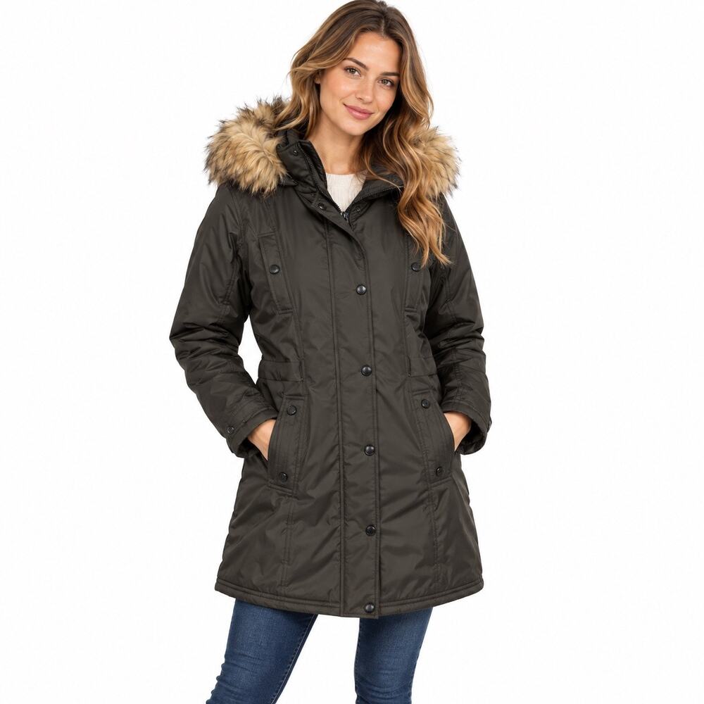 Madden Girl Womens Coat Jacket Parka Long Hooded Faux Fur Trim Green Small